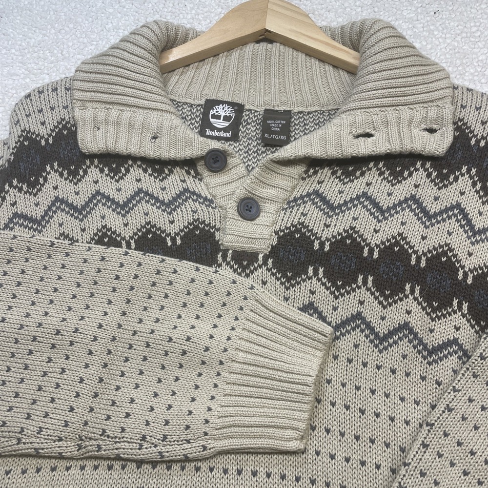 Timberland Sweater Mens XL Beige Fair Isle Button Shawl‎ Neck Cotton heavy